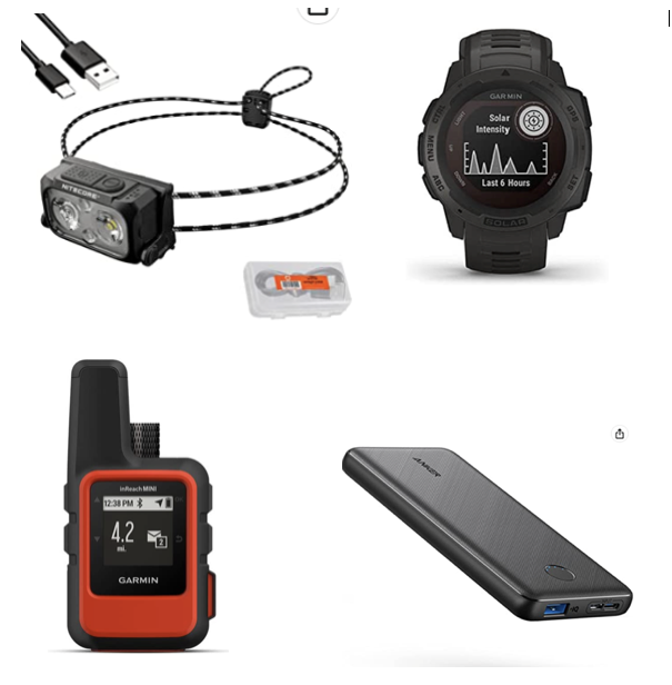 Above: Nitecore NU25 Headlamp, Garmin Solar Instinct, Garmin Inreach Mini, Anker powerbank